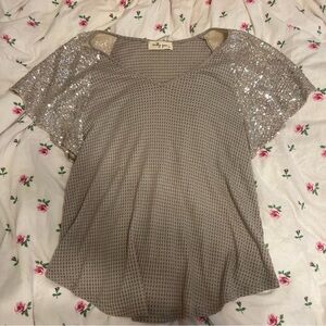 Moody Green Waffle Knit Sparkle Sequin Sleeve top